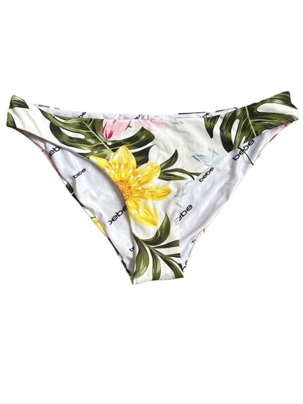 Bebe bikini swim bottom tropical floral print reversible white logo S NWT